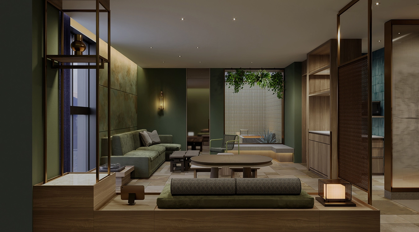 Suite Room：柔らかな間接照明が空間を満たす、広々とした温泉＆サウナ付き客室。落ち着いたグリーンのソファーや木製家具が並ぶリビングの奥に、プライベートな半露天風呂が見える、温もりある内観。