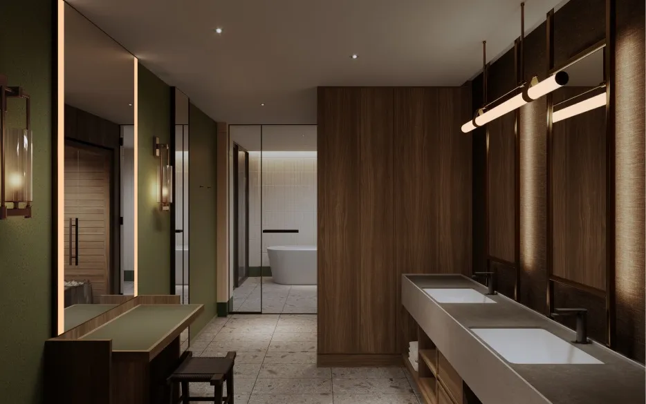 橄榄绿墙面配有梳妆台，右侧深色木质隔断前设双洗手台，远处可见白色独立浴缸。