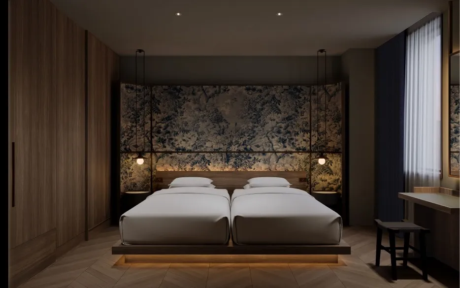 Bedroom featuring a botanical art wall headboard with two single beds on a wooden frame, gently illuminated by indirect lighting.