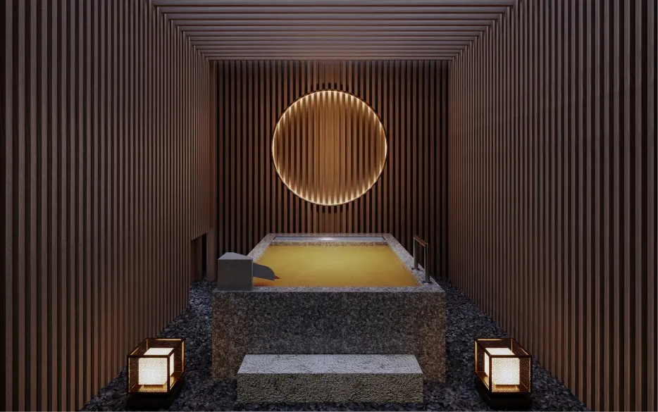 Atmospheric open-air bath enclosed by vertical wood lattices, featuring a full-moon circular light, stone tub with golden Kinsen water, and gravel floor.