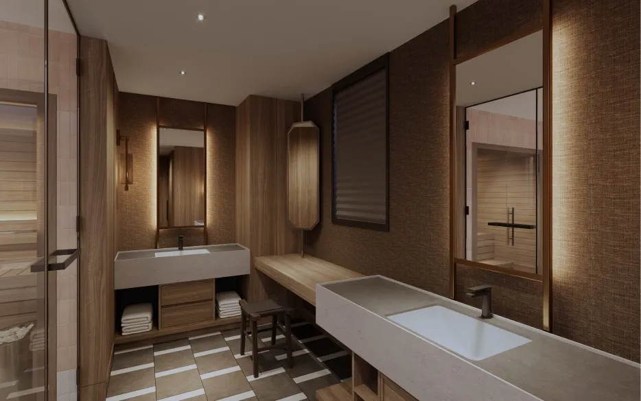 Spacious powder room in chic brown wallpaper and wood furnishings, equipped with separate vanity sinks and a dedicated dressing counter.