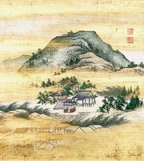 有馬六景「温泉寺の晩鐘」を描いた情景画。