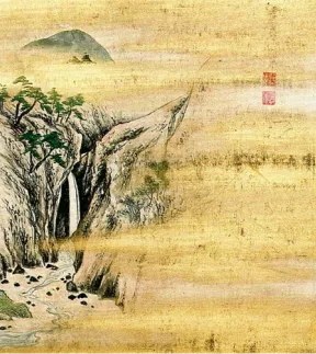 有馬六景「鼓ヶ滝」を描いた情景画。