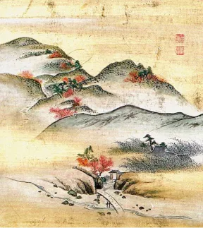 有馬六景「落葉山夕照」を描いた情景画。